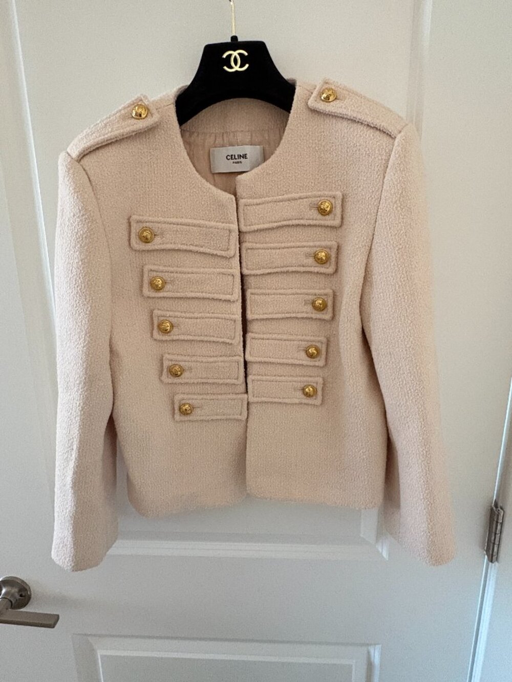 CELINE Paris Beige Wool Military Tweed Jacket Gold Buttons Size 38 FR